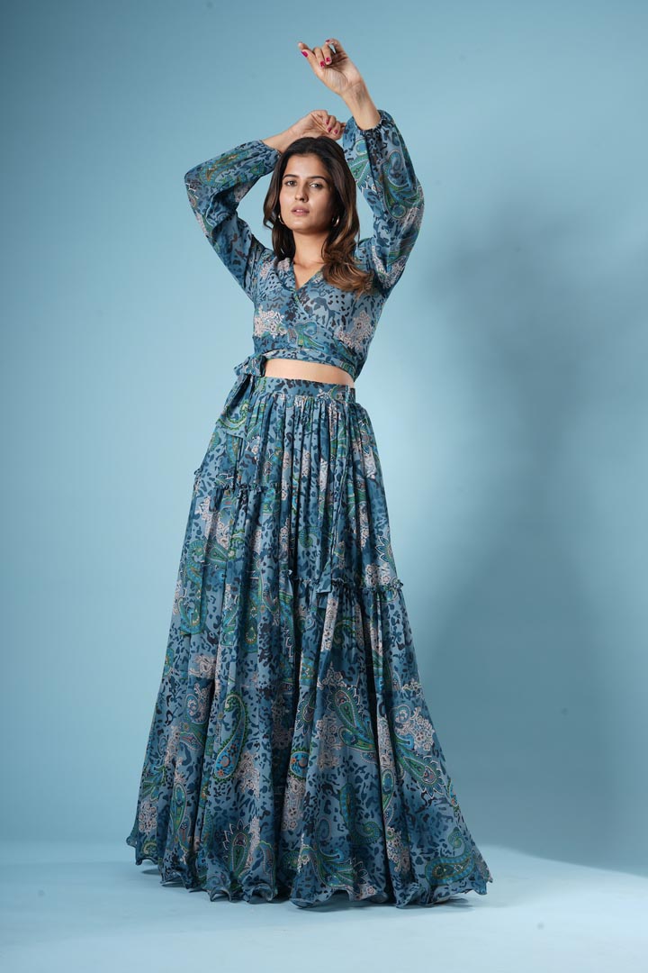 Blue Georgette Printed Skirt Set