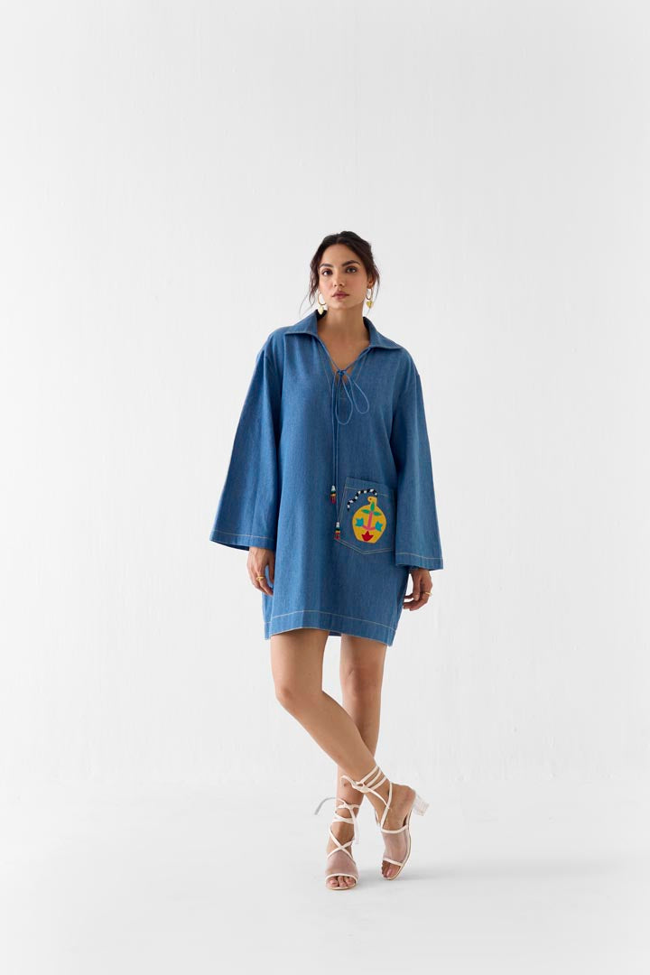 Indigo Short Dress in Faded Cotton Denim with Patchwork Detail