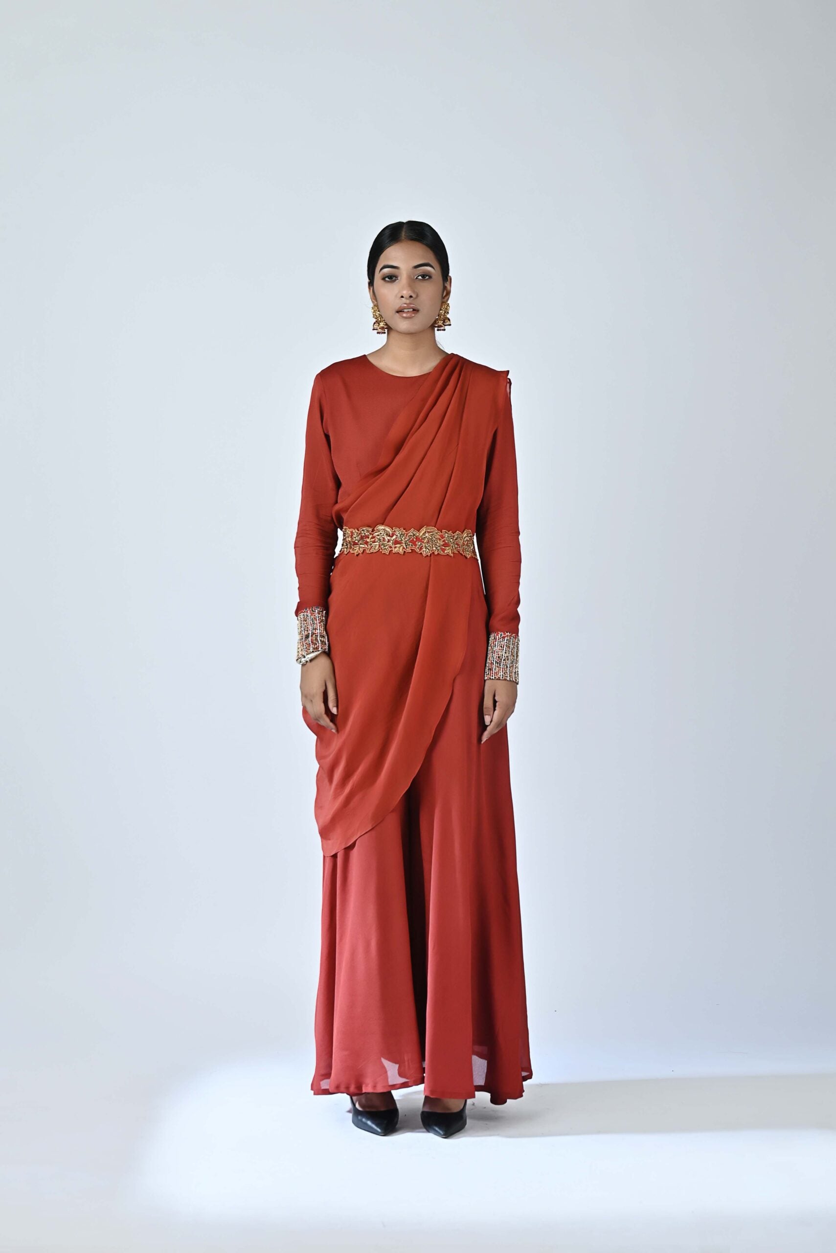 Red embroidered drape pallu jumpsuit