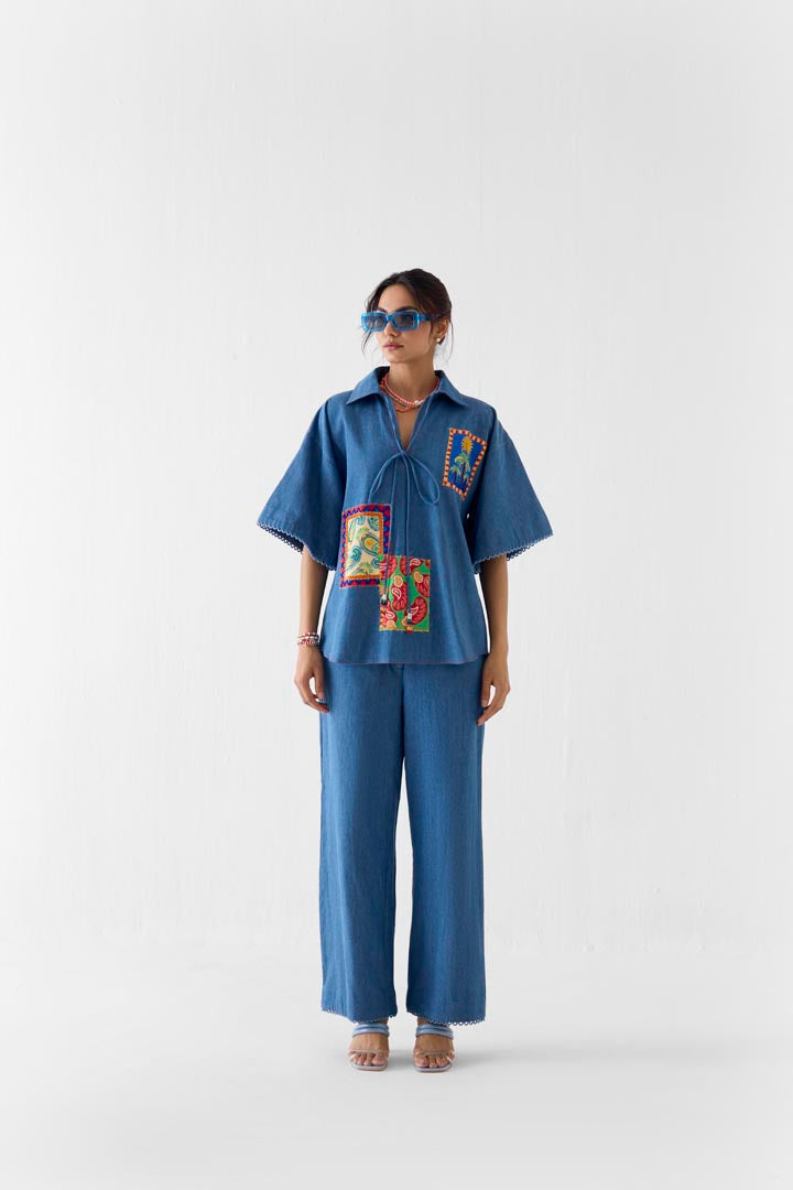 Indigo Patchwork Denim Co-ord Set: Luxury Hand-Embroidered Outfit