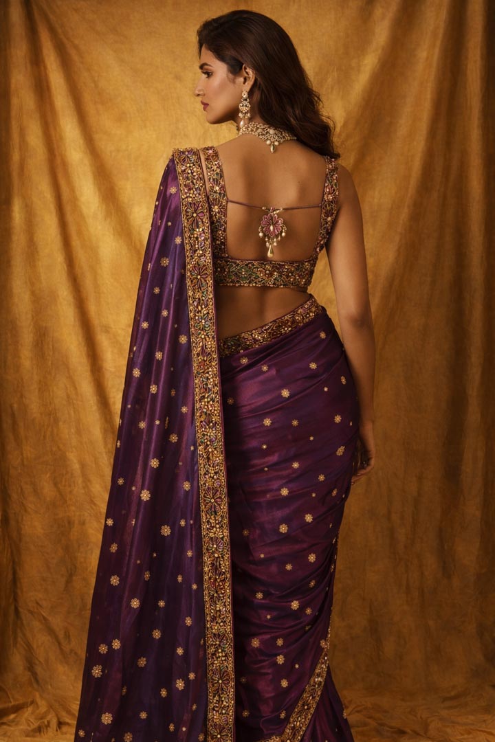 Plum Handcrafted Patchwork Saree with Metallic Mirror Work