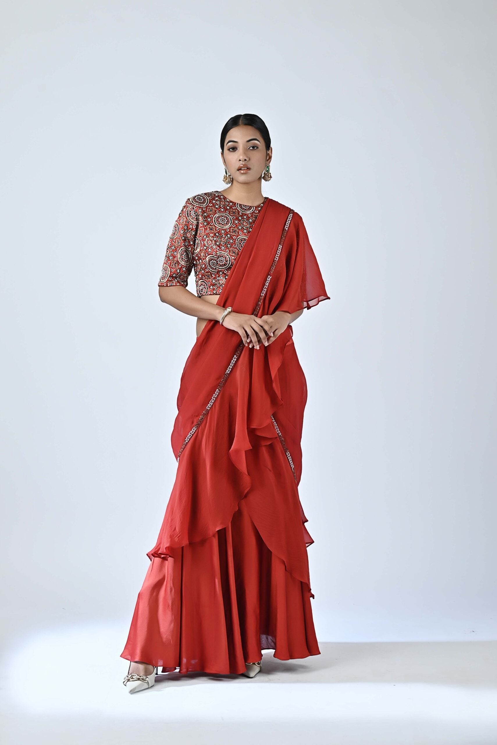 Ajrakh embroidered ruffle saree