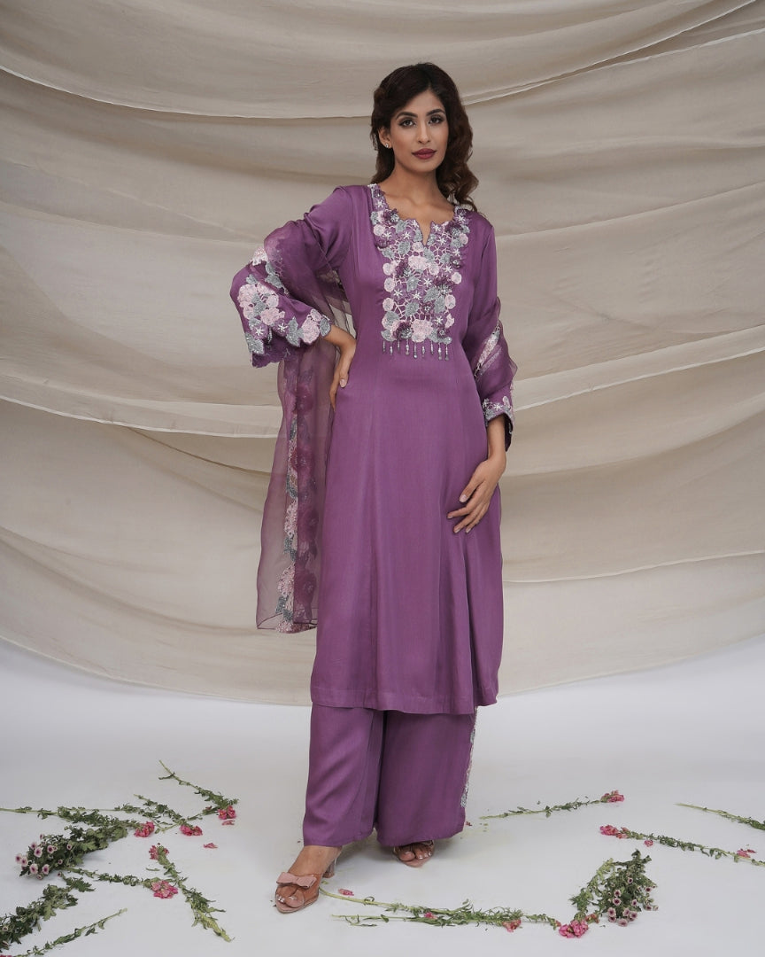 Lavender hand embroidered kurta set