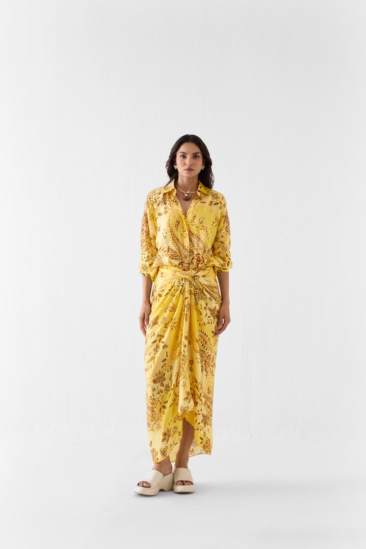 Jaipur Paisley Vegan Silk Draped Shirt Dress - Elegant Resort Wear