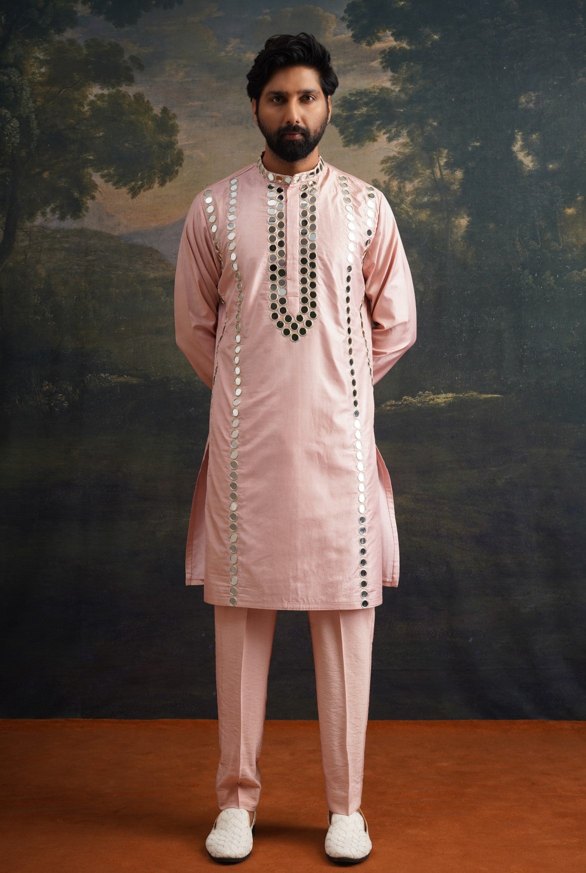 clay pink full hand embroidred mirror work kurta set