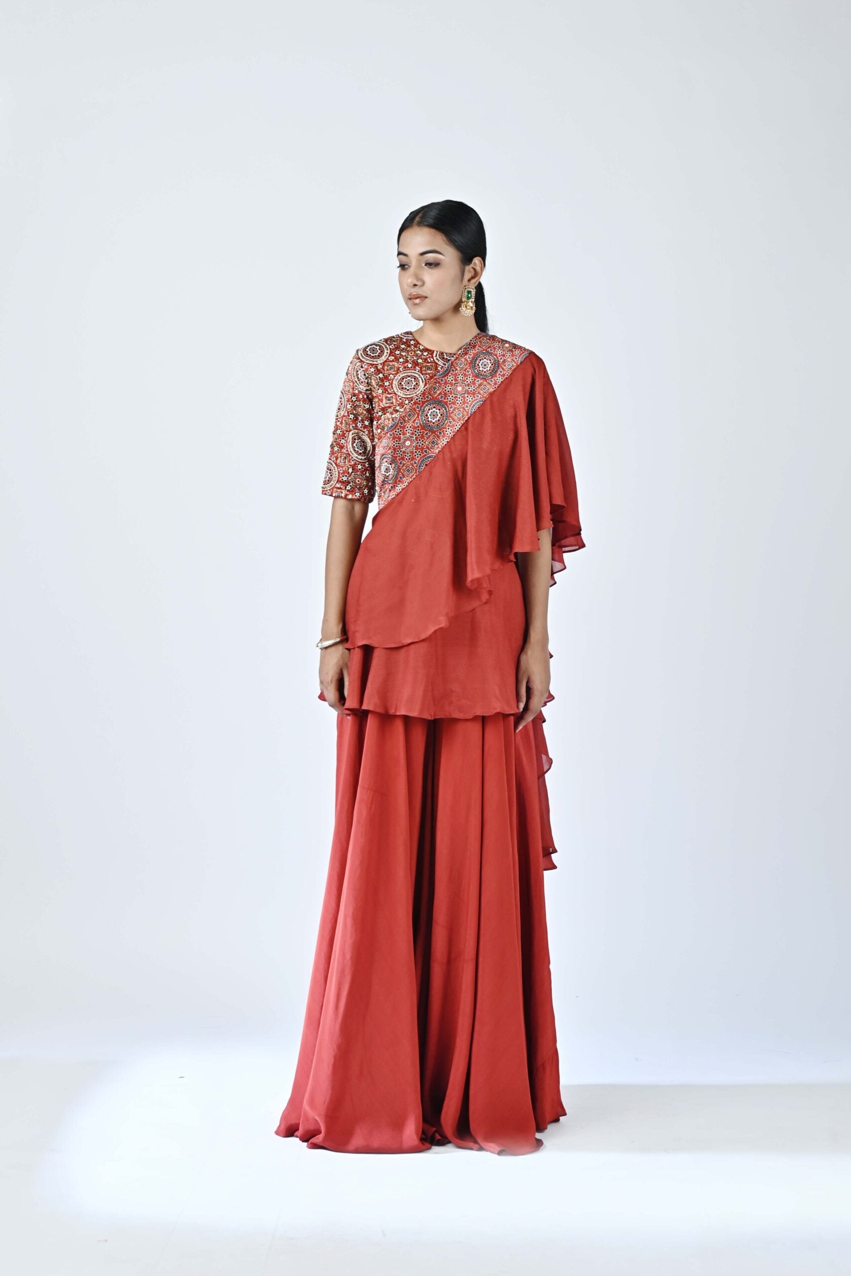 Red ajrakh embellished blouse dupatta set