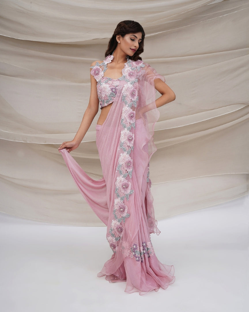 Pink Floral Sequin Sari