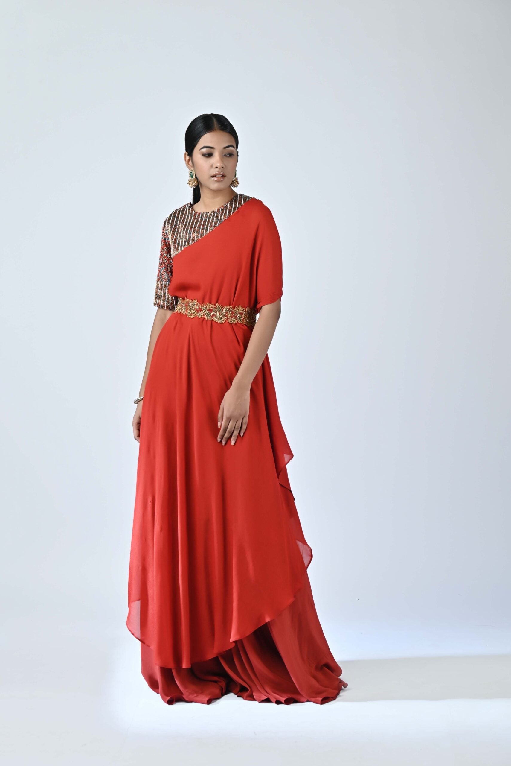 Red ajrakh embellished one sleeve laftan with flare pants