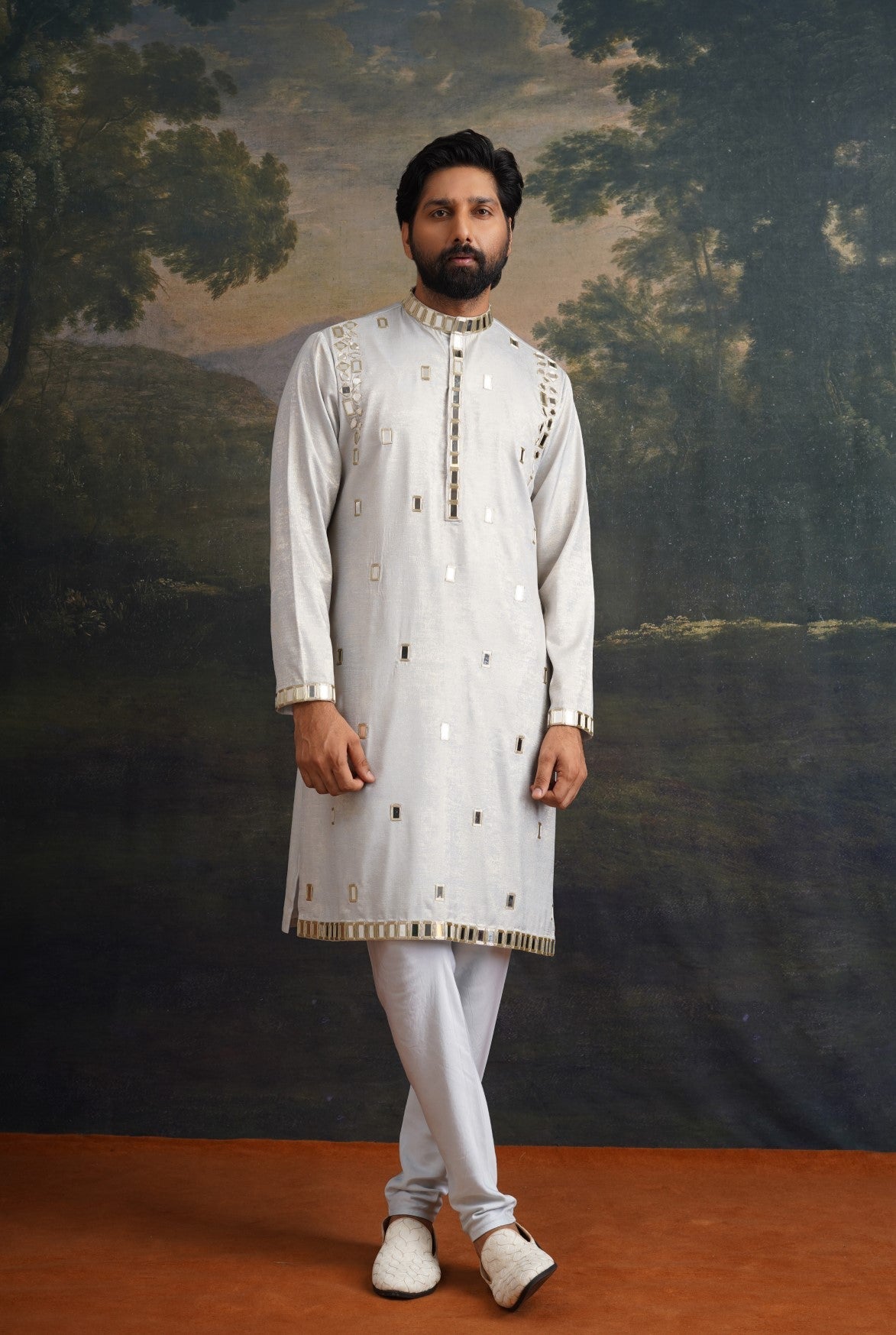 Frost grey gold fully hand embroidered mirror kurta set