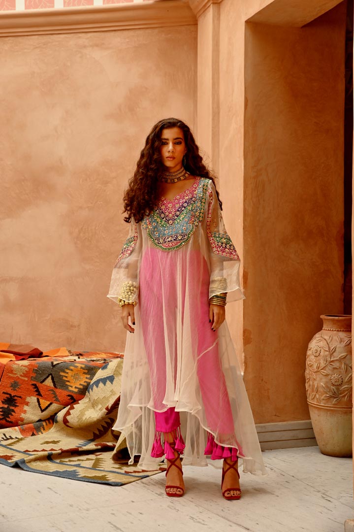 Image of Ivory sheer Afghani kurta with short kurti and dorri tassel pants set