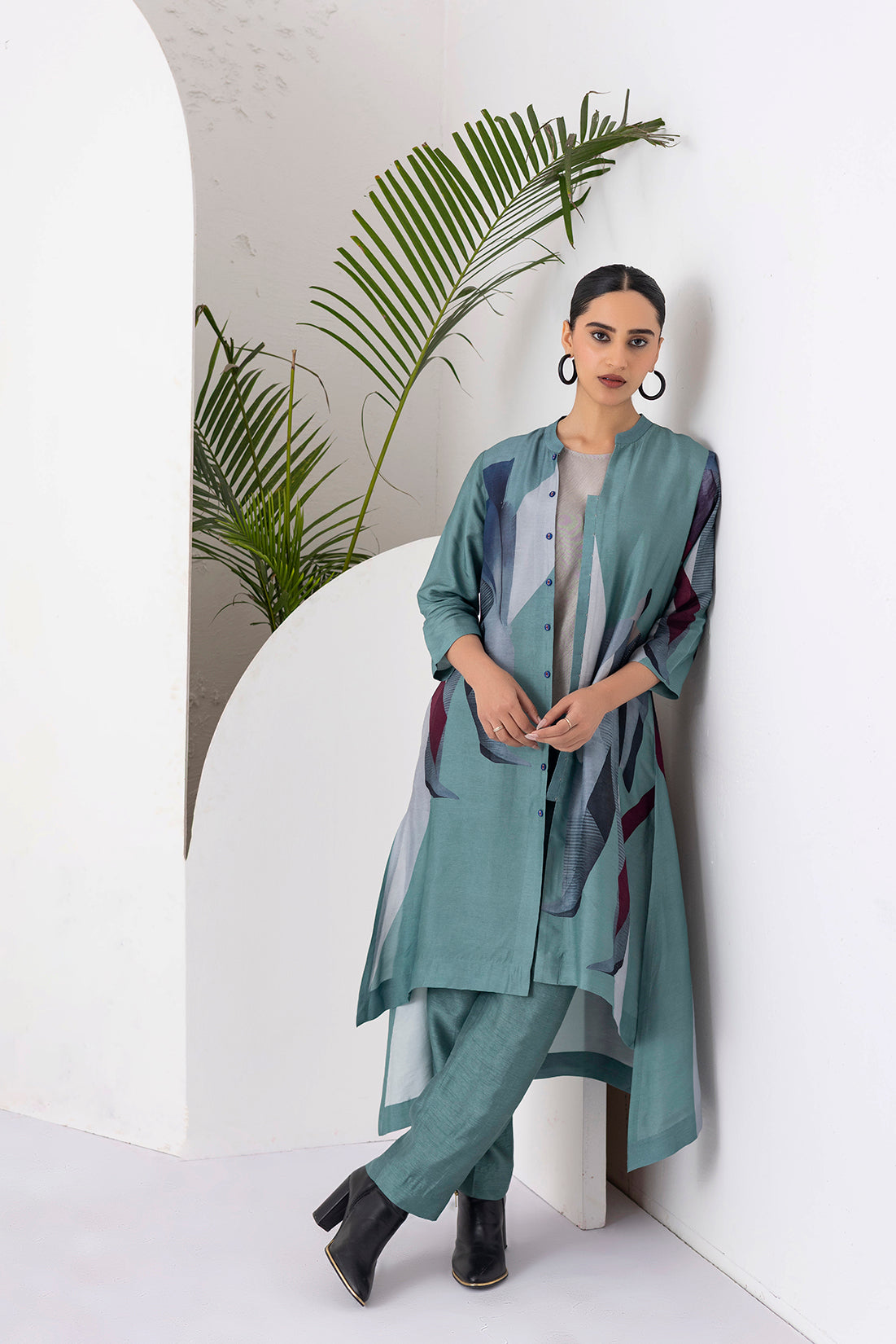 Sage Green Viscose Dupion Printed Dress (1 PC)