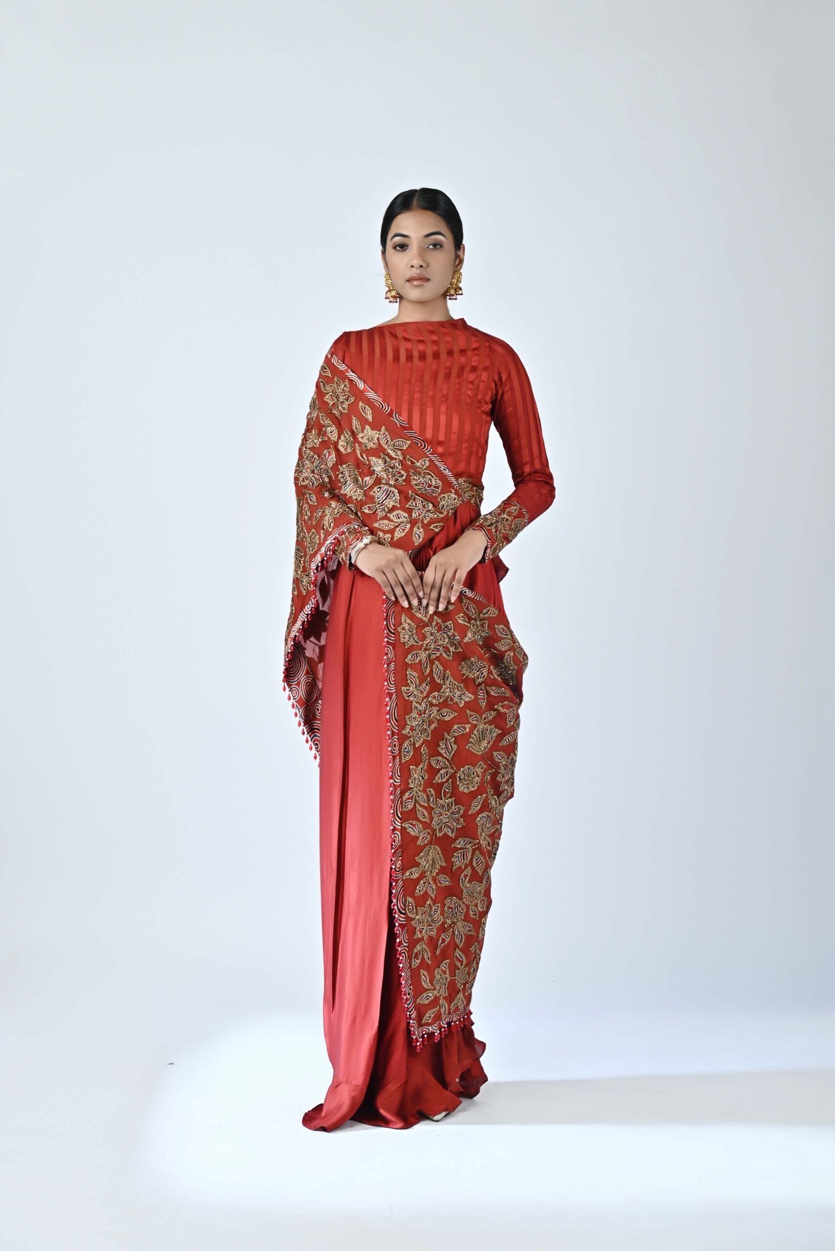 Red ajrakh patchworked gown saree