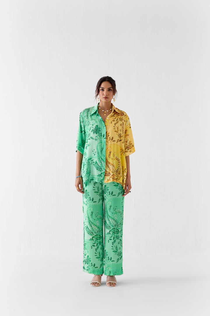 Buta Half and Half Shirt & Trousers Vegan Silk Co-ord Set in Green