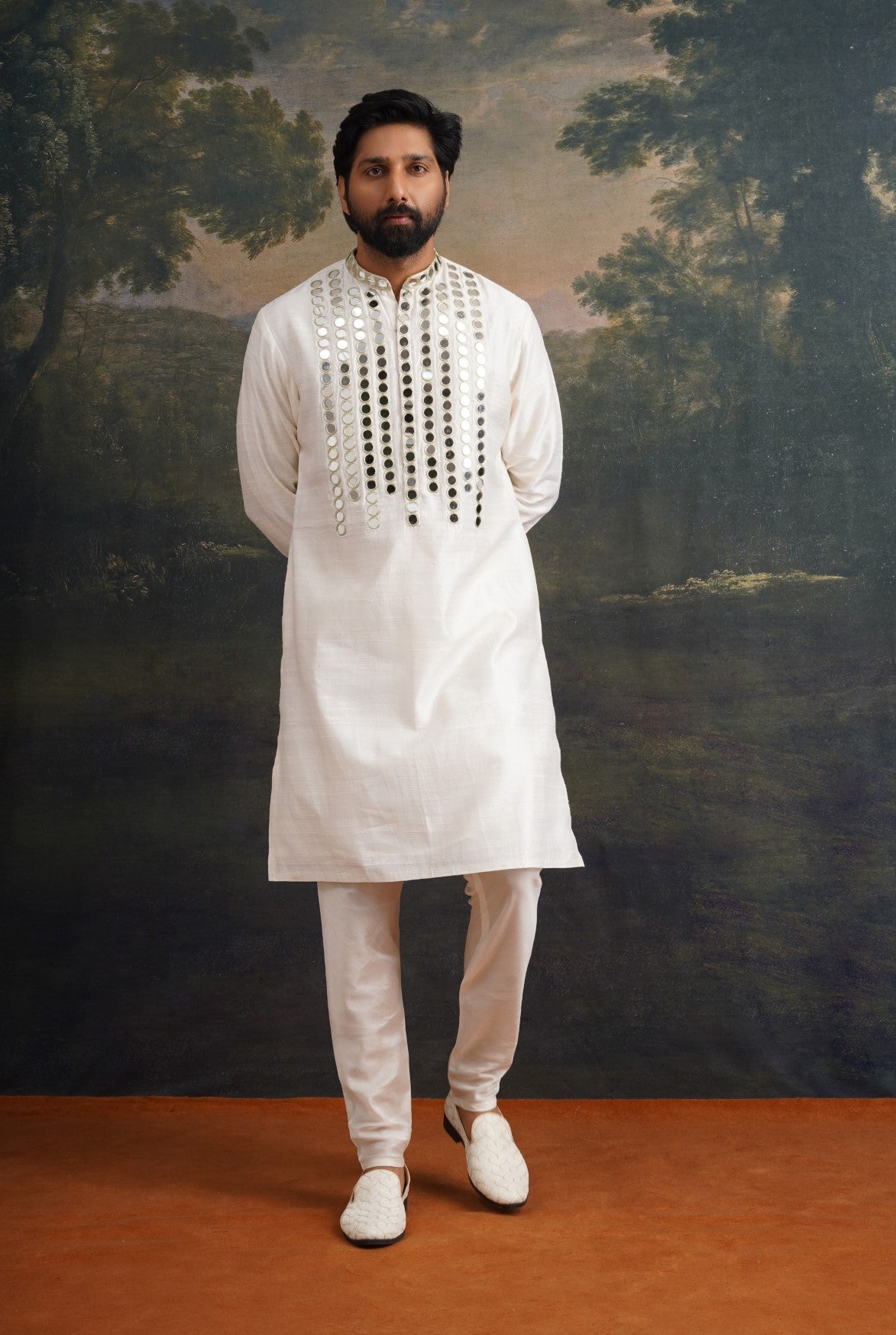 Hand embroidered ivory Mirror Work Kurta with Matching pant