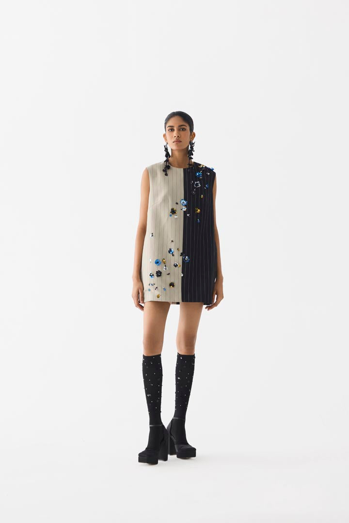 Buds Half & Half Striped Suiting Dress - Mini Shift Evening Wear