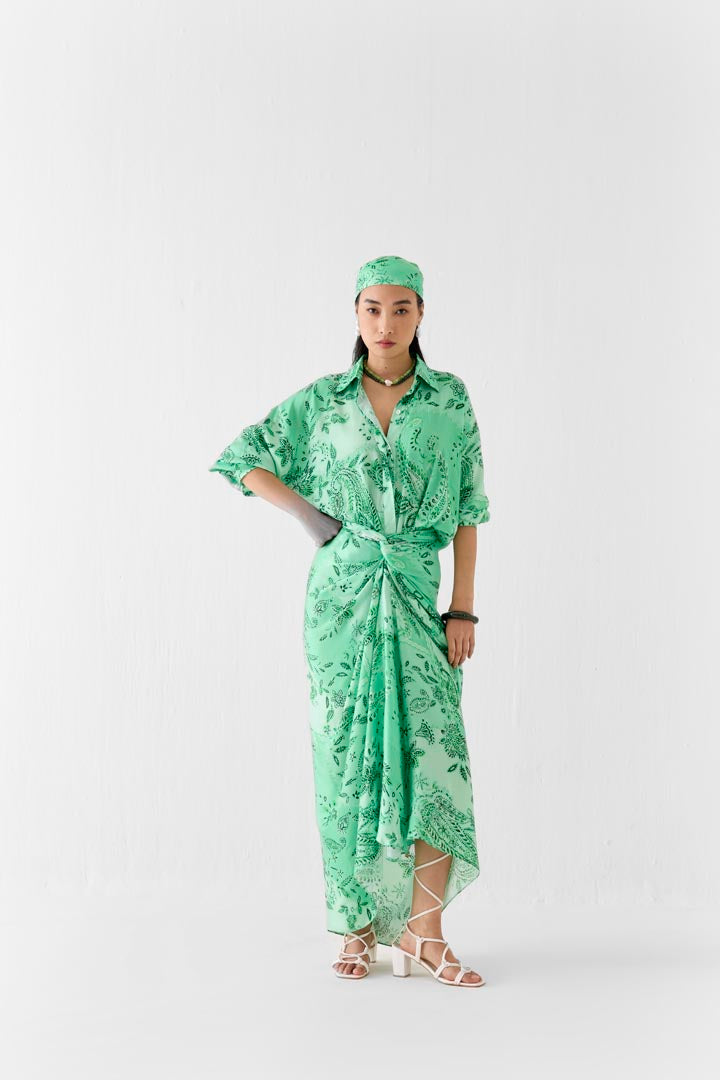 Buta Draped Shirt Dress in Green Vegan Silk - Jaipur Heritage Style
