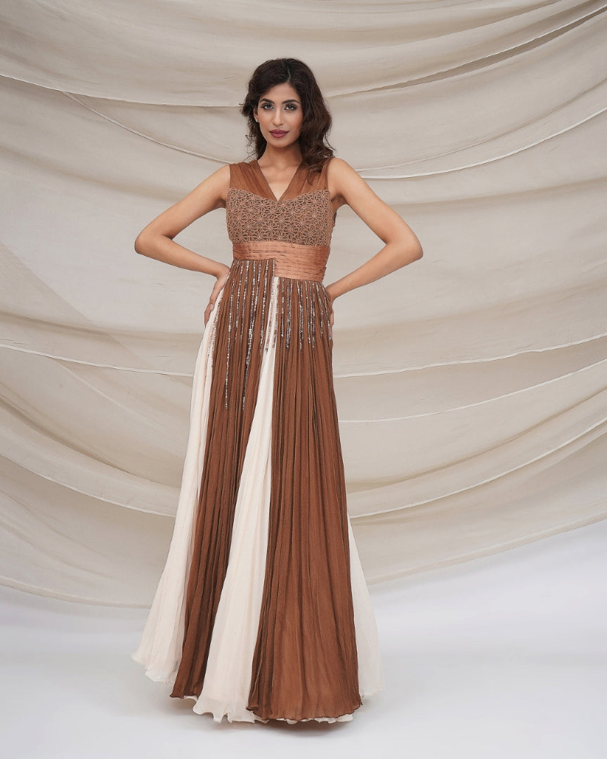 Bronze and cream layered pleated Gown