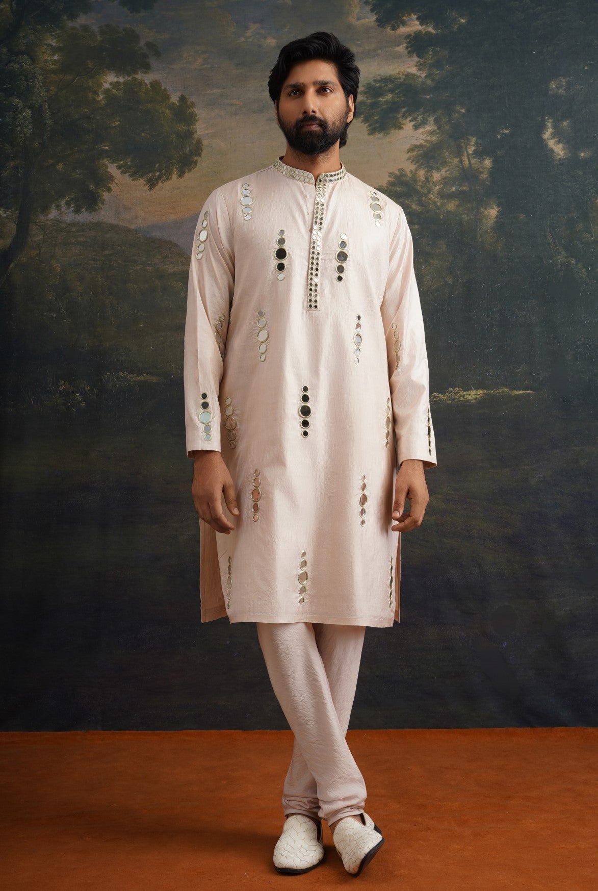 Beige hand embroidered Mirror Work Kurta with Matching Pant