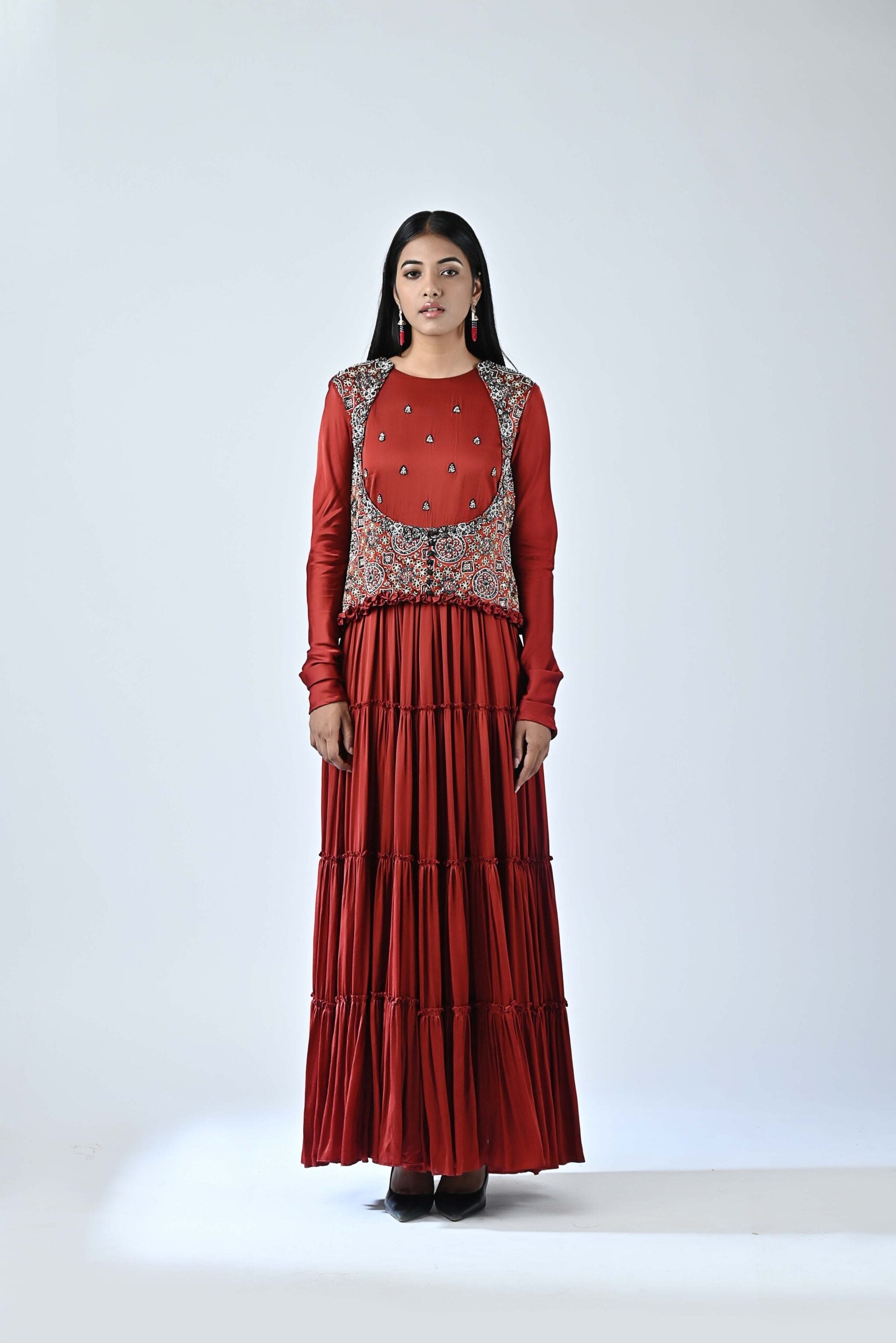 Red ajrakh embroidered tiered dress