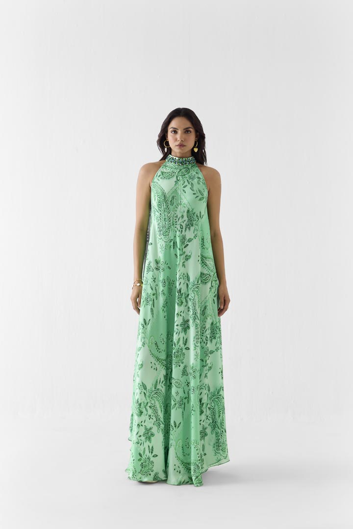 Buta Print Vegan Silk Halter Maxi Dress - Jaipur Heritage Inspired