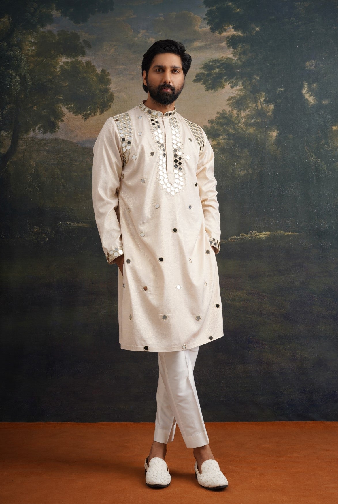 Ivory gold hand embroidred round mirror work kurta set