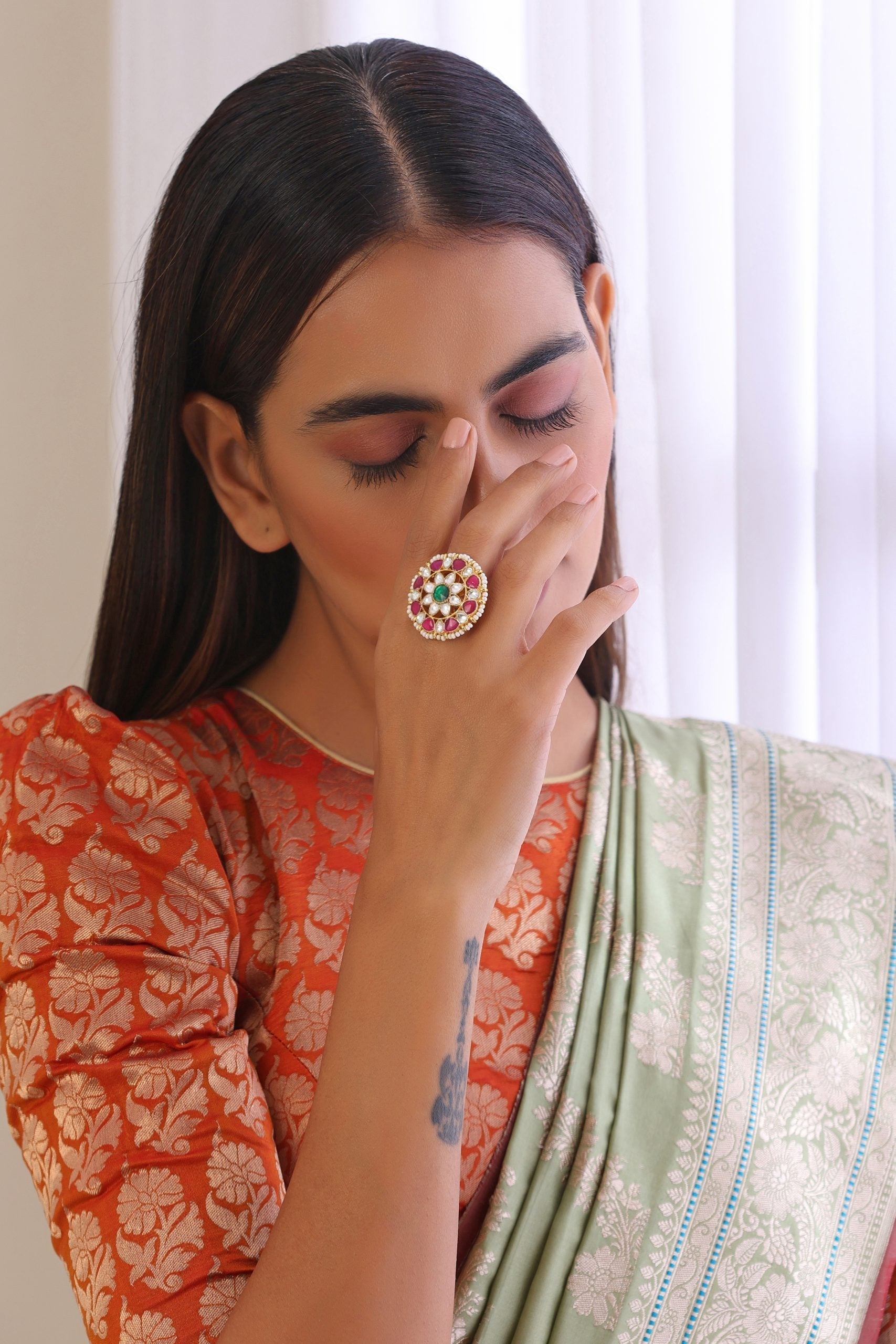 Red and Green Gold Tone Kundan Ring