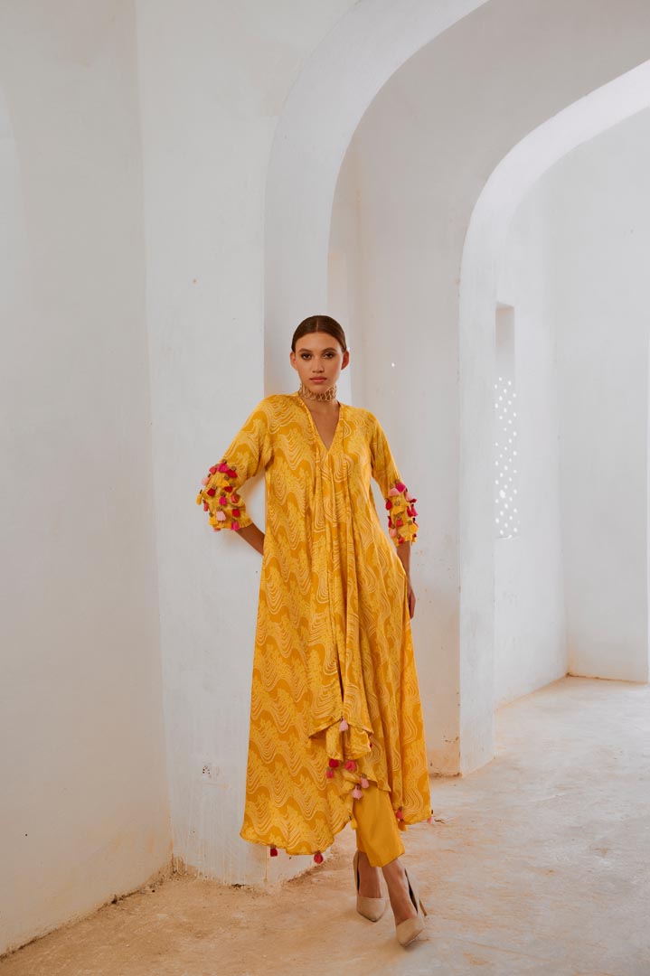 Image of Gulbahar Marigold Yellow  tassel tunic pant set