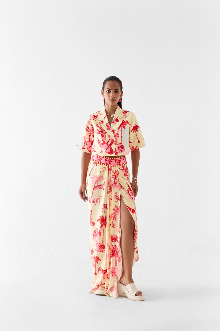 Sawai Printed Vegan Silk Crop Blazer and Skirt Co-ord Set