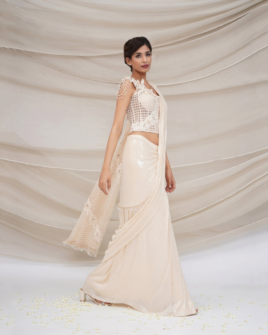 Mesh corset with drape sequin sari
