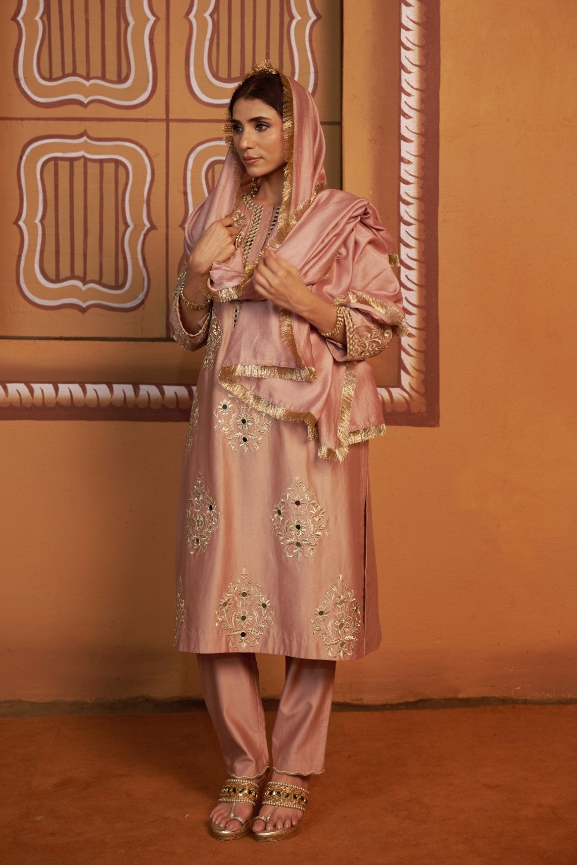 Maati - Onion pink jari buttis with mirror work kurta set