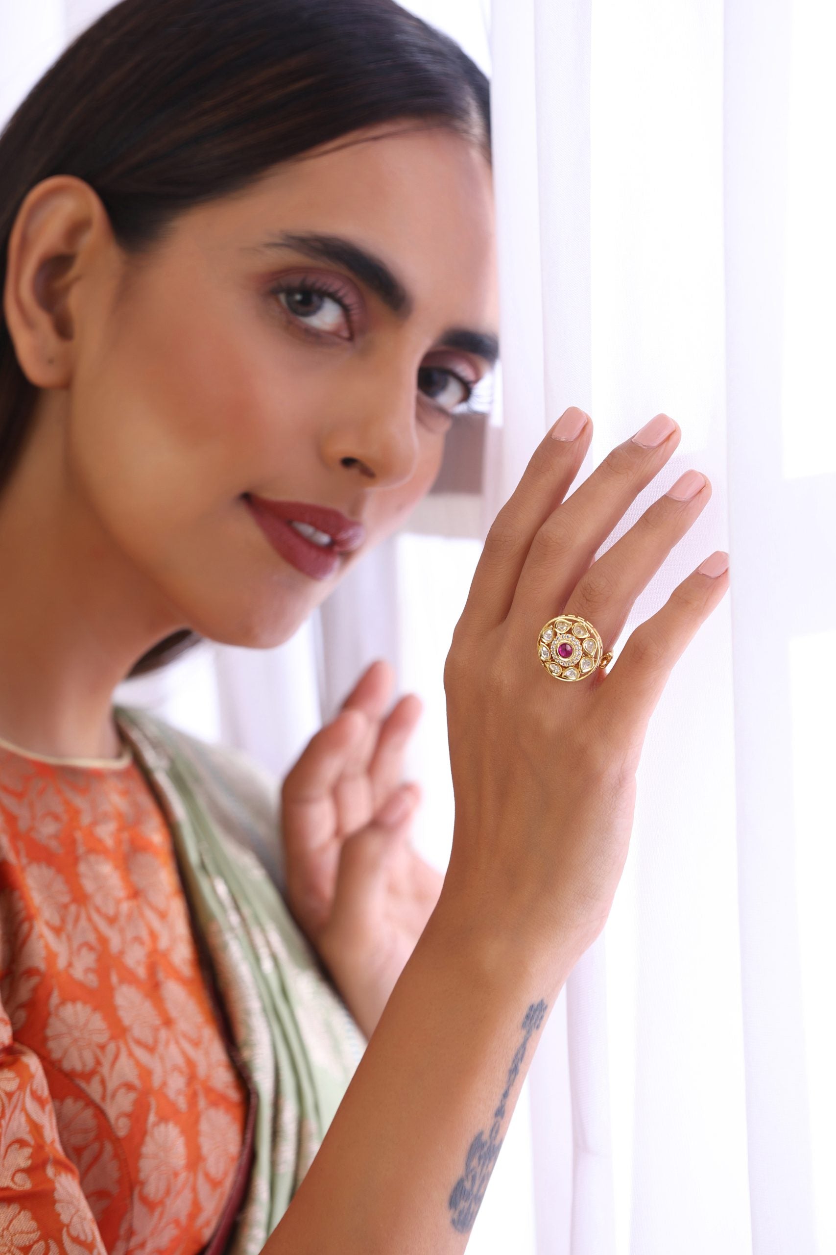 Red Gold Tone Kundan Ring