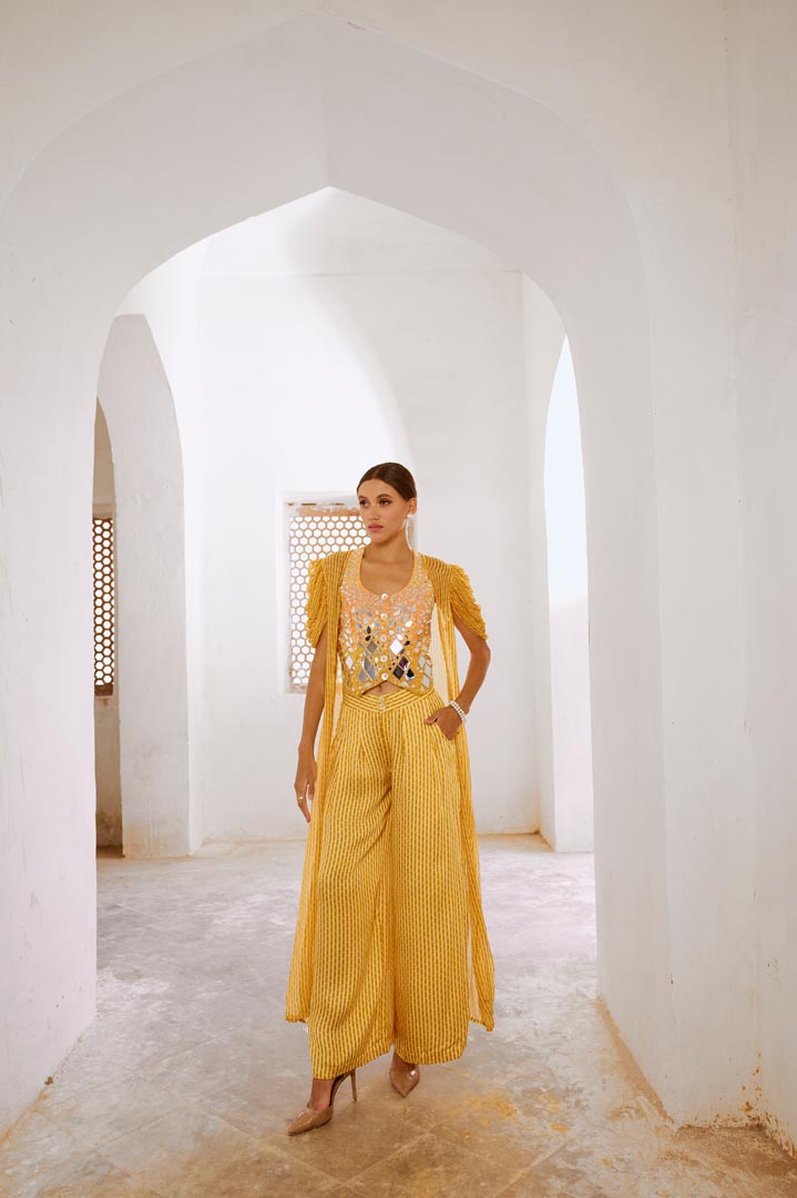 Image of Gulbahar Daisy Yellow Sheesha Koti with Chiffon jacket and loose pant set.