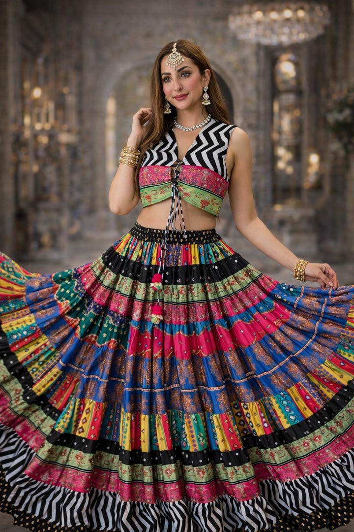 Black Banjara Mirror Work Satrangi Skirt Set for Navratri