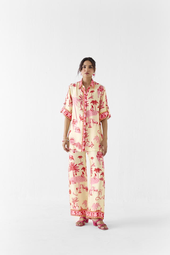 Sawai Print Vegan Silk Shirt and Trousers Co-ord Set for Women