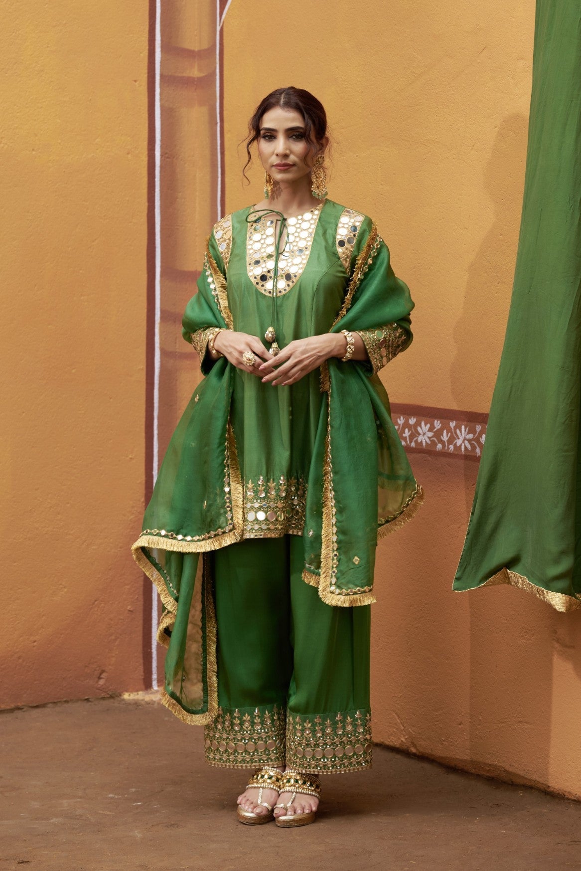 mirror work hand embroidry  green kurta set