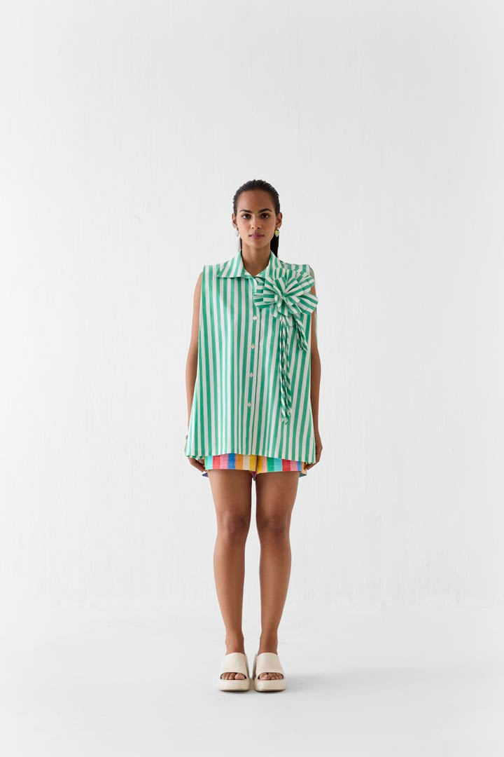 Mint Green Striped Poplin Shirt with Floral Applique - Summer Style