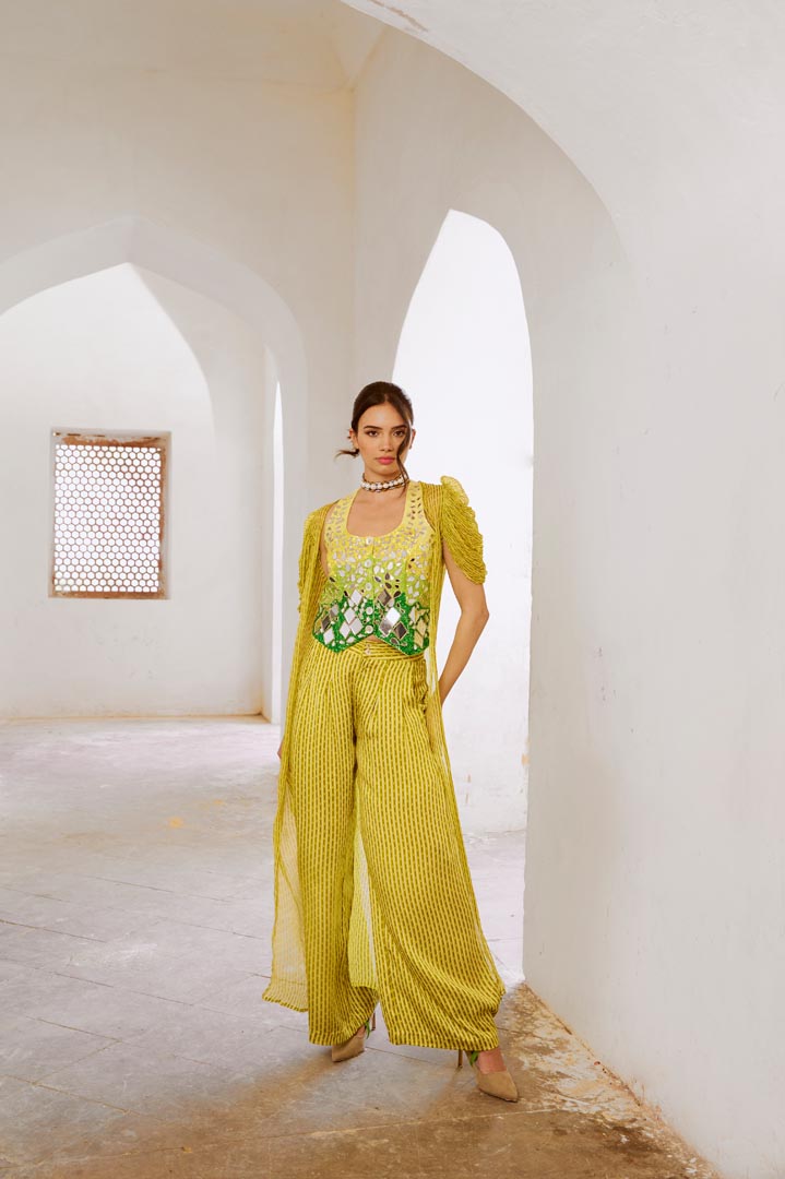 Image of Gulbahar lemon green Sheesha Koti with Chiffon jacket and loose pant set.