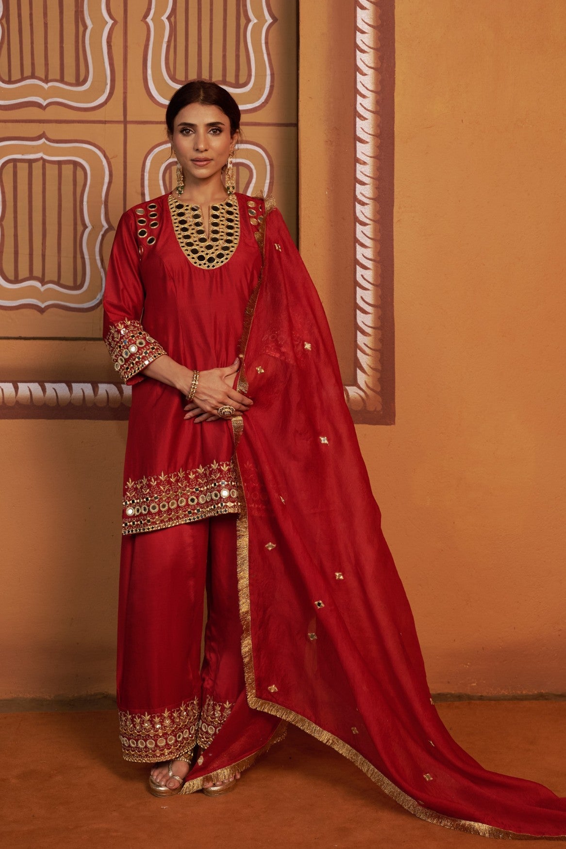 mirror work hand embroidry  red kurta set