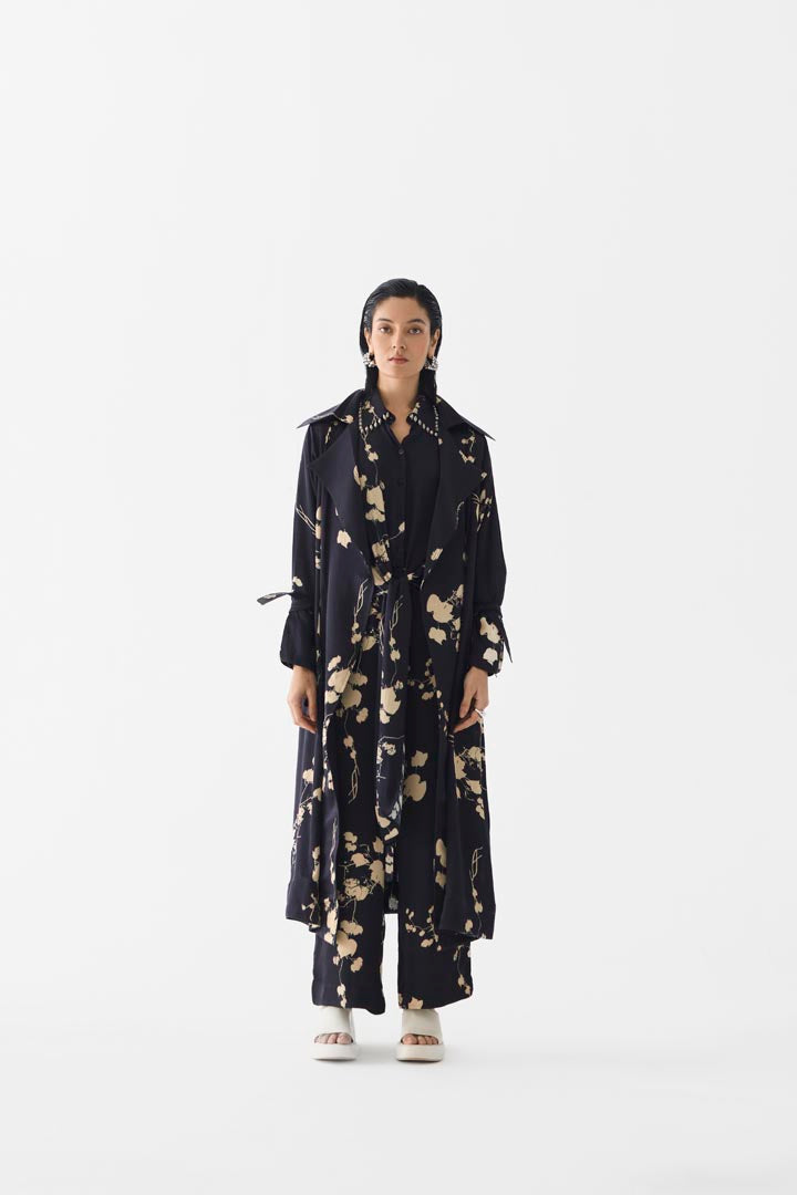 Black Sakura Vegan Silk Trench Coat - Premium Floral Outerwear