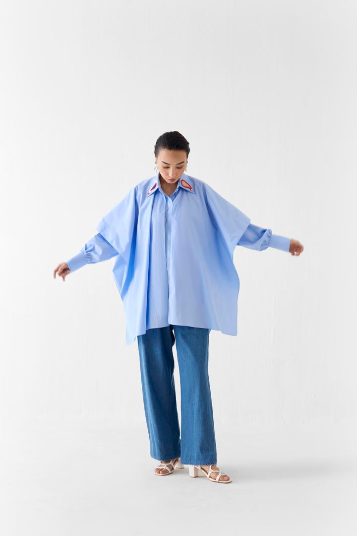 Azure Layered Poplin Shirt with Sequin Embroidered Paisley Collar
