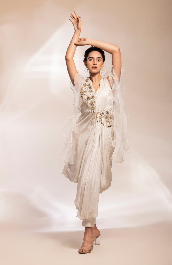 Fusion drape shirt with trousers and trousers with ruffle scarf