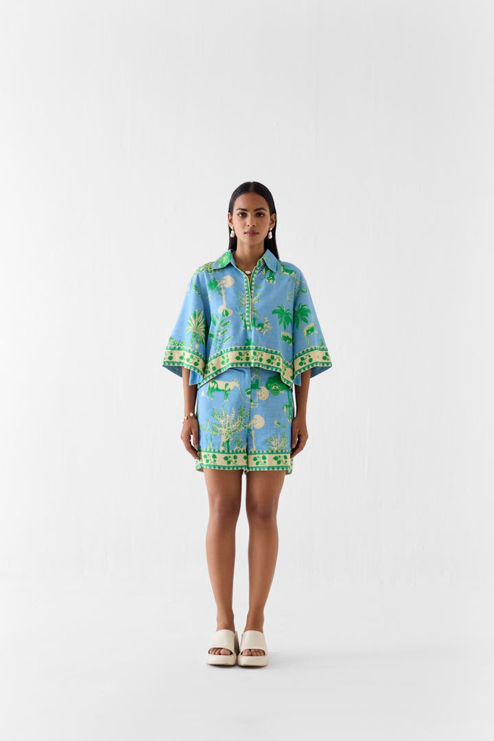 Nila Blue Printed Viscose Linen Crop Top and Shorts Co-ord Set