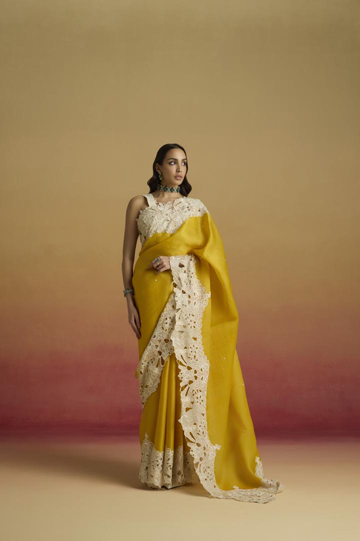 YELLOW CONTRAST CUTWORK SAREE