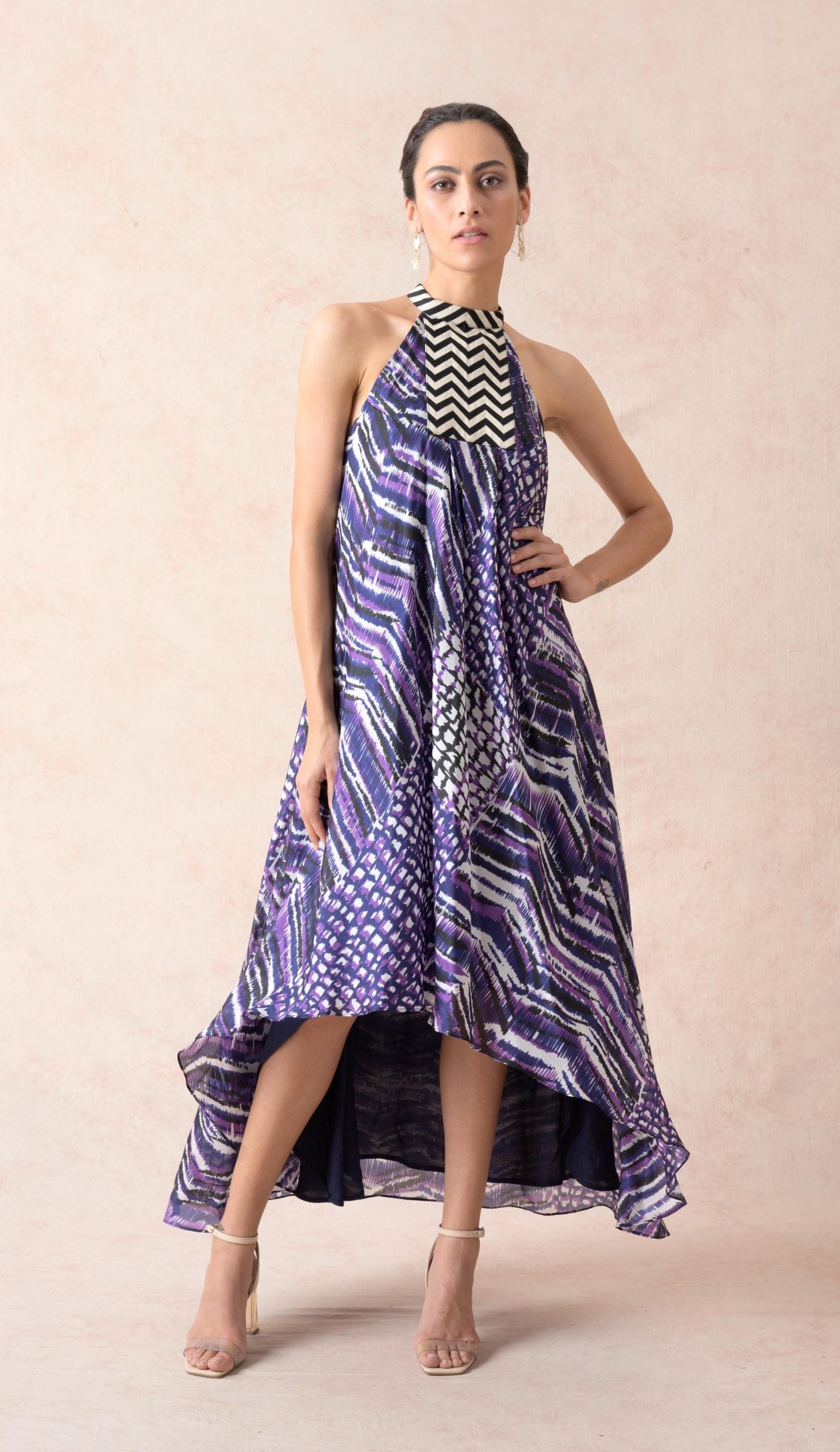 Abstract shades of purple with chevron weave halter neck bias dress with asymmetrical hemline