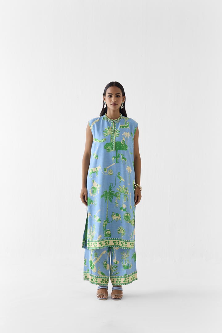 Nila Print Blue Viscose Linen Kurta and Pants Co-ord Set
