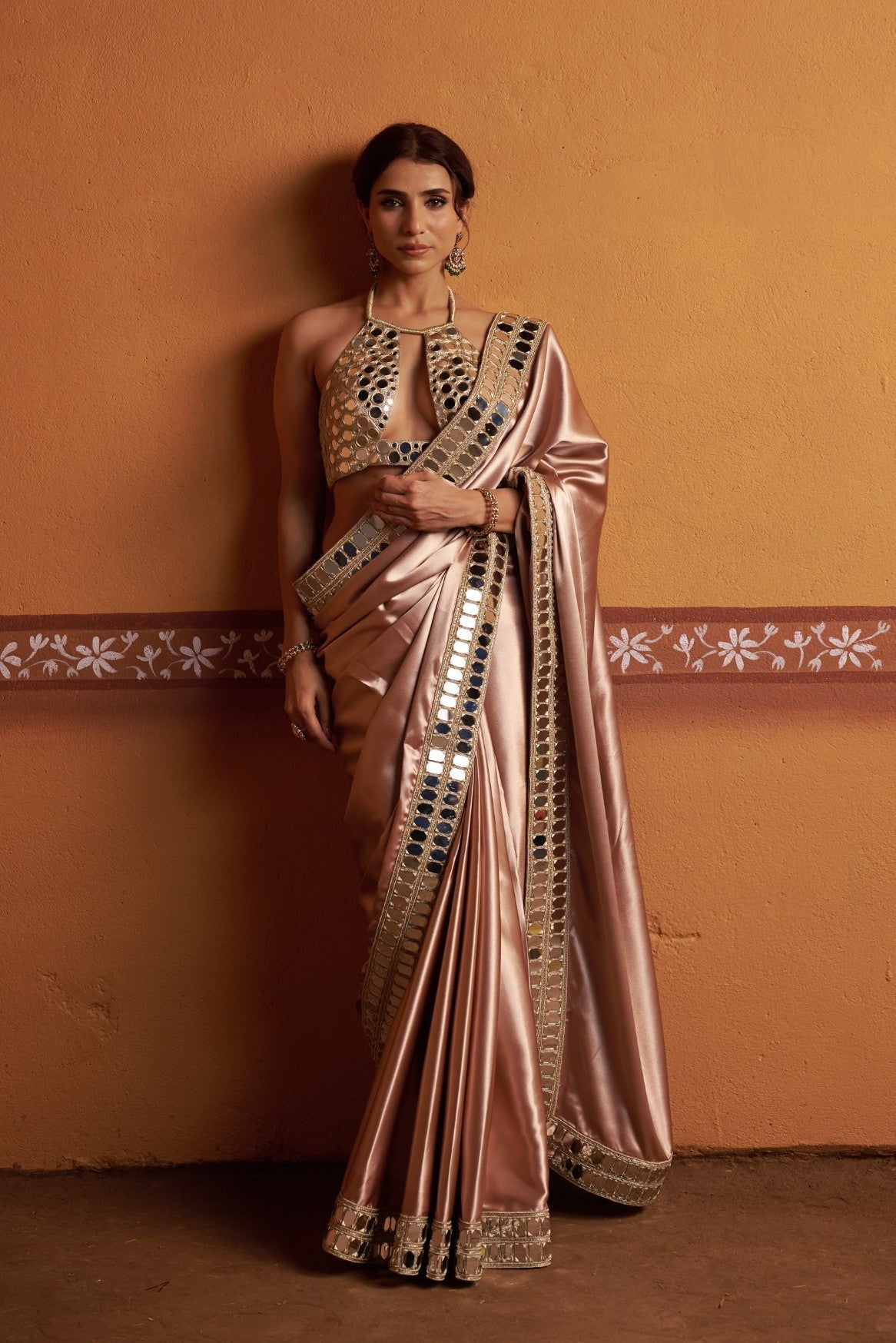 Clay tone fully hand embroidered blouse with mirror work border saree