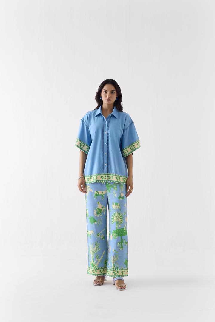 Nila Boxy Shirt & Trousers Blue Viscose Linen Co-ord Set