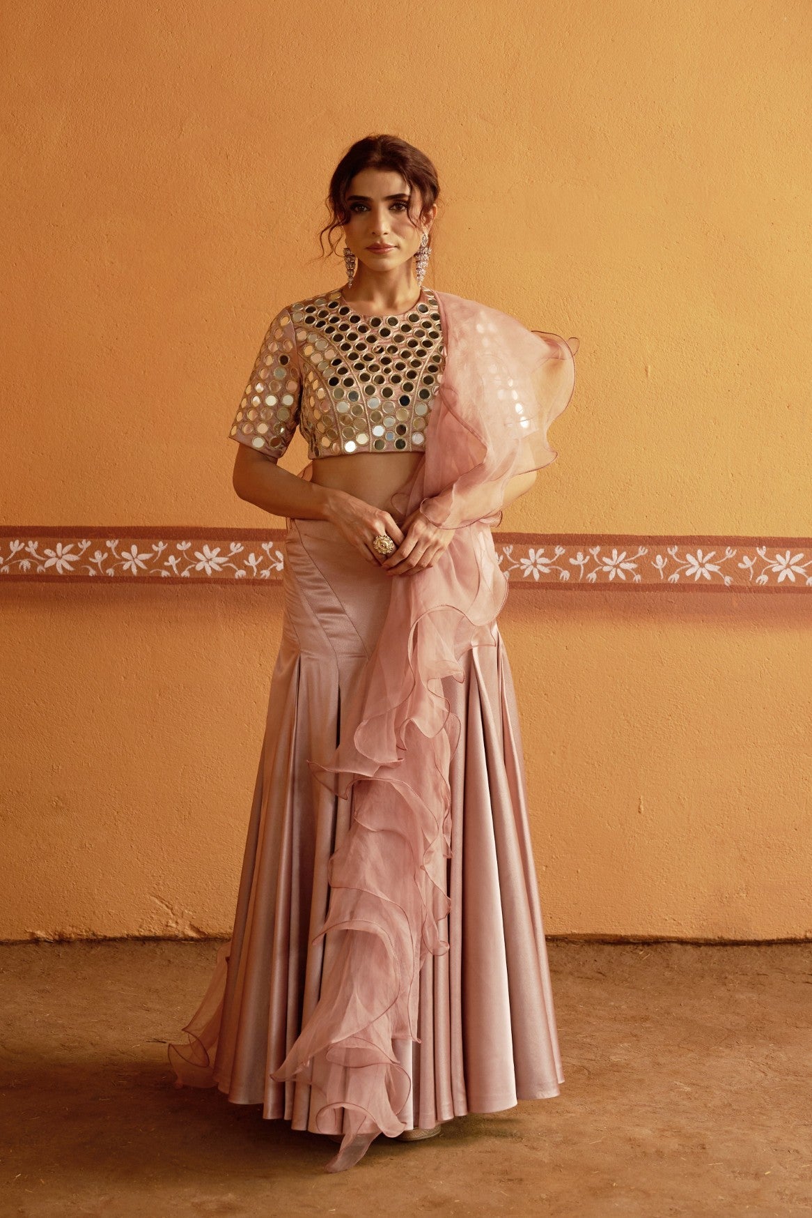 Hand-Embroidered Mirror Work Blouse with Blush Pink Kalidar Lehenga & Ruffle Dupatta