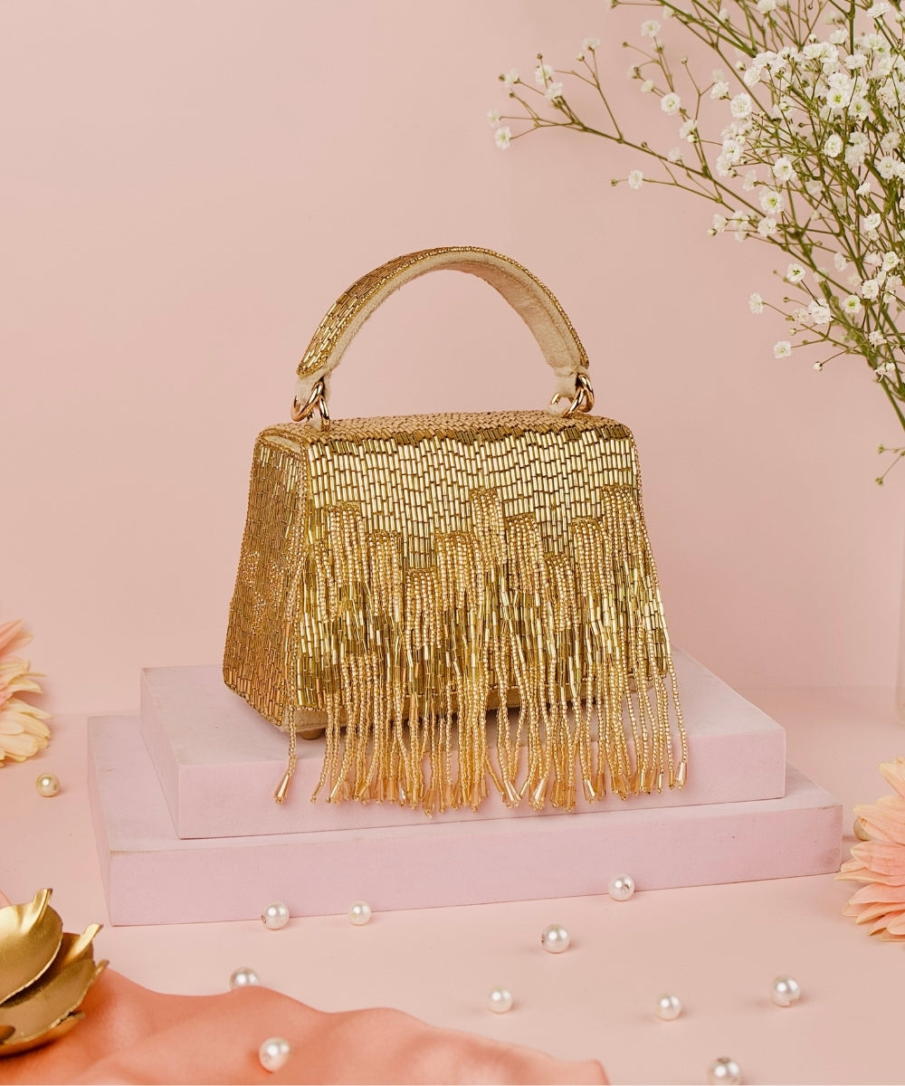 Bushra Gold Suede Handcrafted Box Bag
