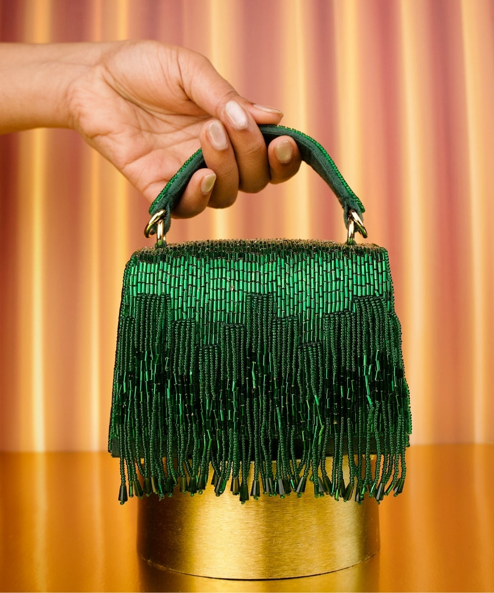 Bushra Green Suede Handcrafted Box Bag